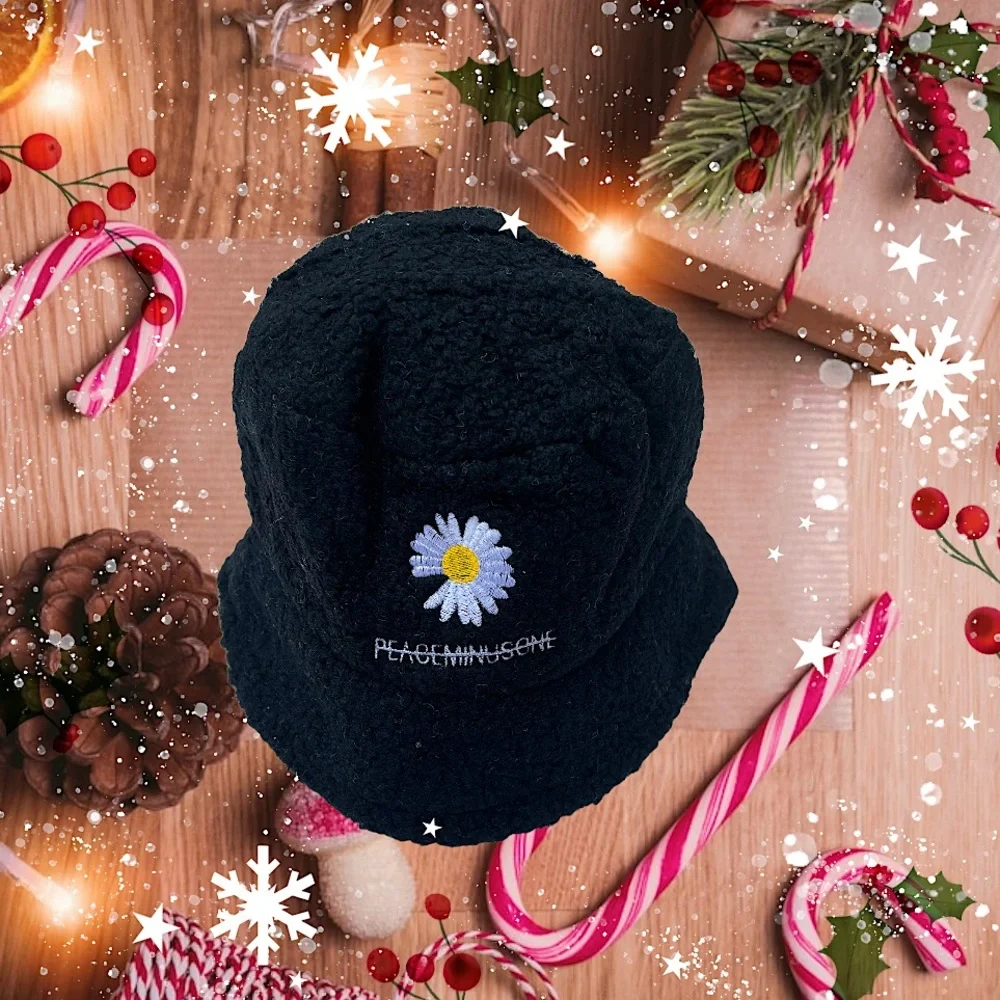 Daisy Flower Fuzzy Felt Like Black Bucket Hat NEW Deadstock
